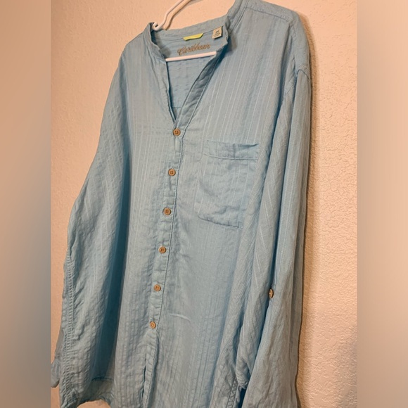 Caribbean Men 2XLT Tall Linen Blend Long Sleeve Blue Button Down Vacation Cruise - Picture 5 of 8